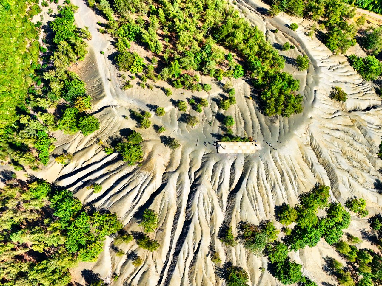 Drone shot of eroded terrain and green trees, showcasing nature's contrast.